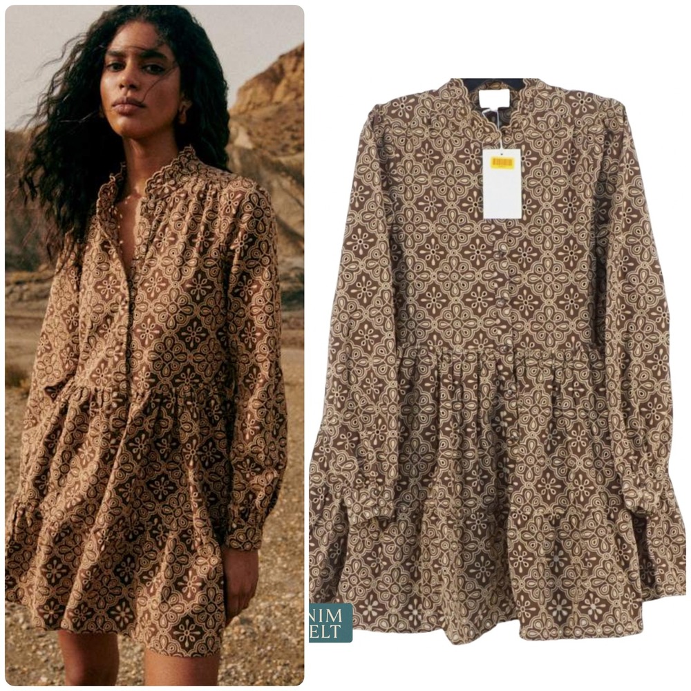 NEW Sezane Hidaya Embroidered Mini Dress Brown Long Sleeve Frilly Collar Boho